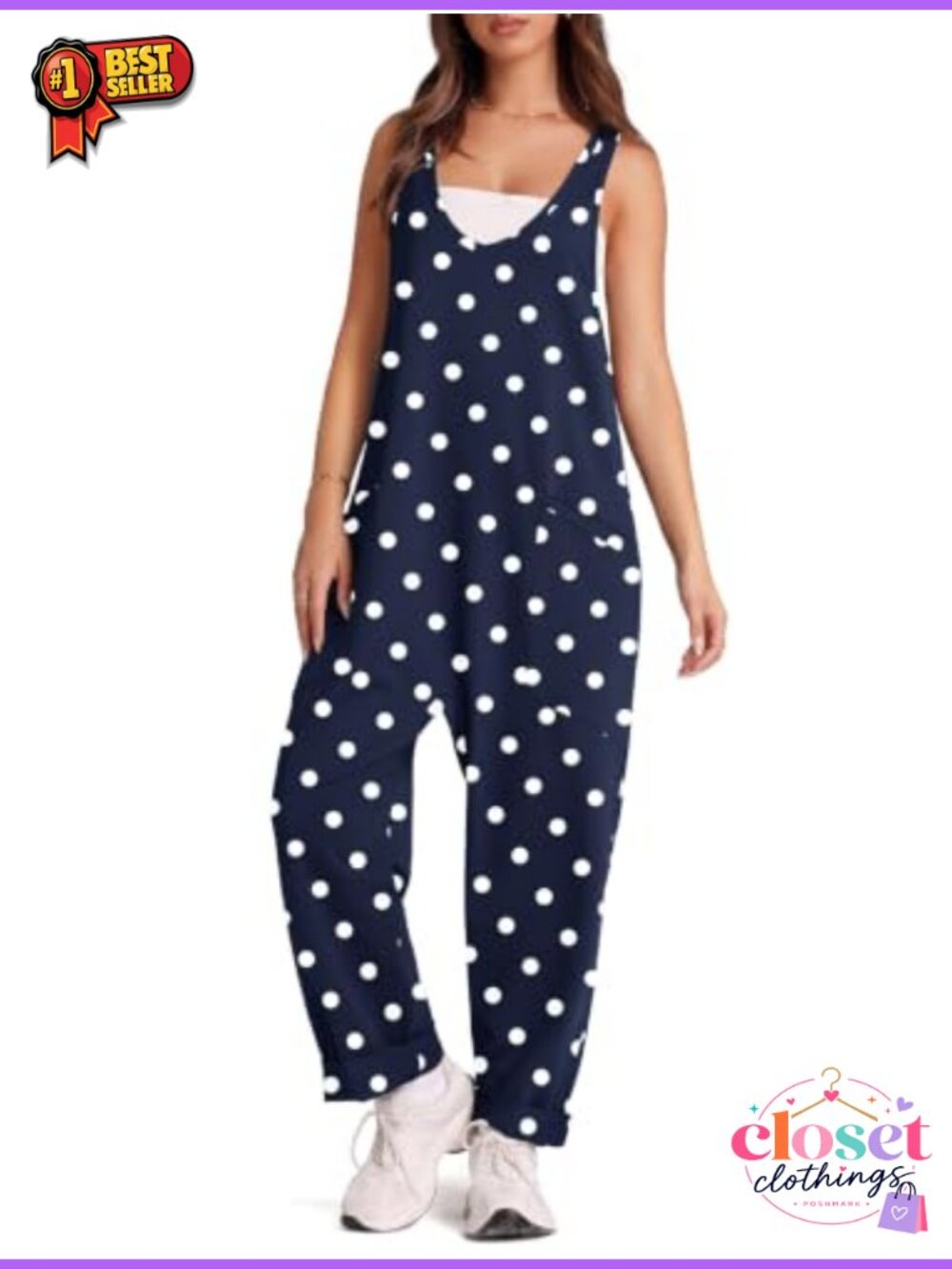 Women's Baggy Overalls Jumpsuit Loose Fit Sleeveless V-Neck Casual Romper - Picture 3 of 5